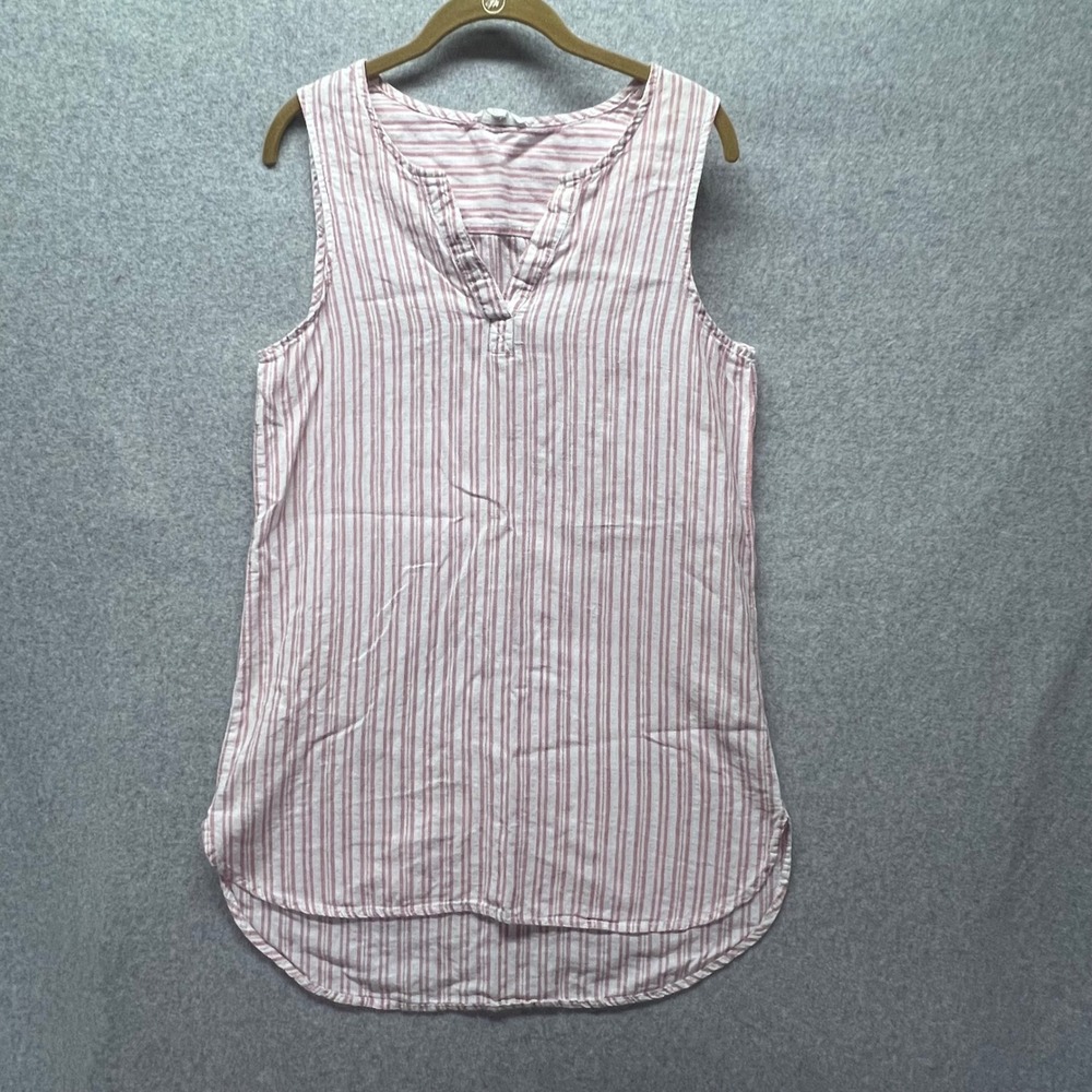 Beach Lunch Lounge Striped Sleeveless Tunic Top M Womens Pink White V Neck